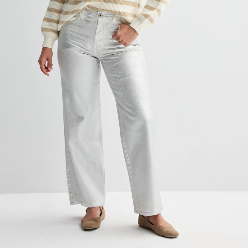 Fourth + Bay Silver Metallic Shiny Cargo Pants Straight Baggy Modern Y2K Concert